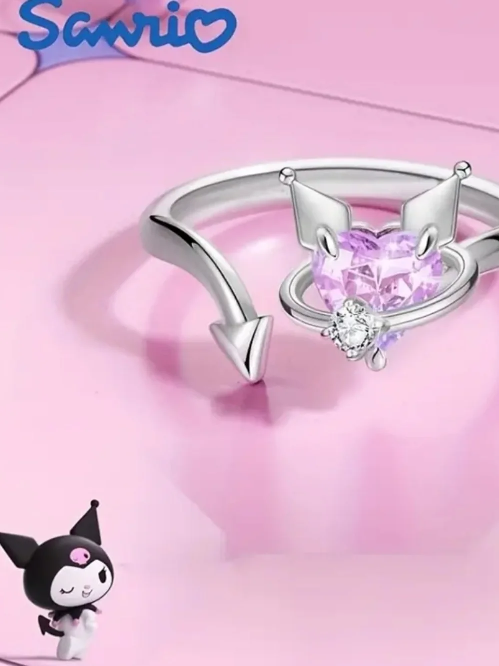 Kids Kuromi Necklace with Pink Heart And Ring Set
